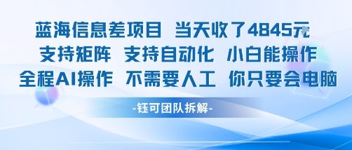 蓝海信息差项目当天收米1k+ 支持矩阵支持自动化小白能操作全程AI操作不需要人工你只要会电脑-副业研究室