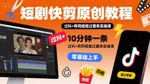 短剧快剪原创教程，10分钟一条，过抖+有同框能过薯条实操课-副业研究室